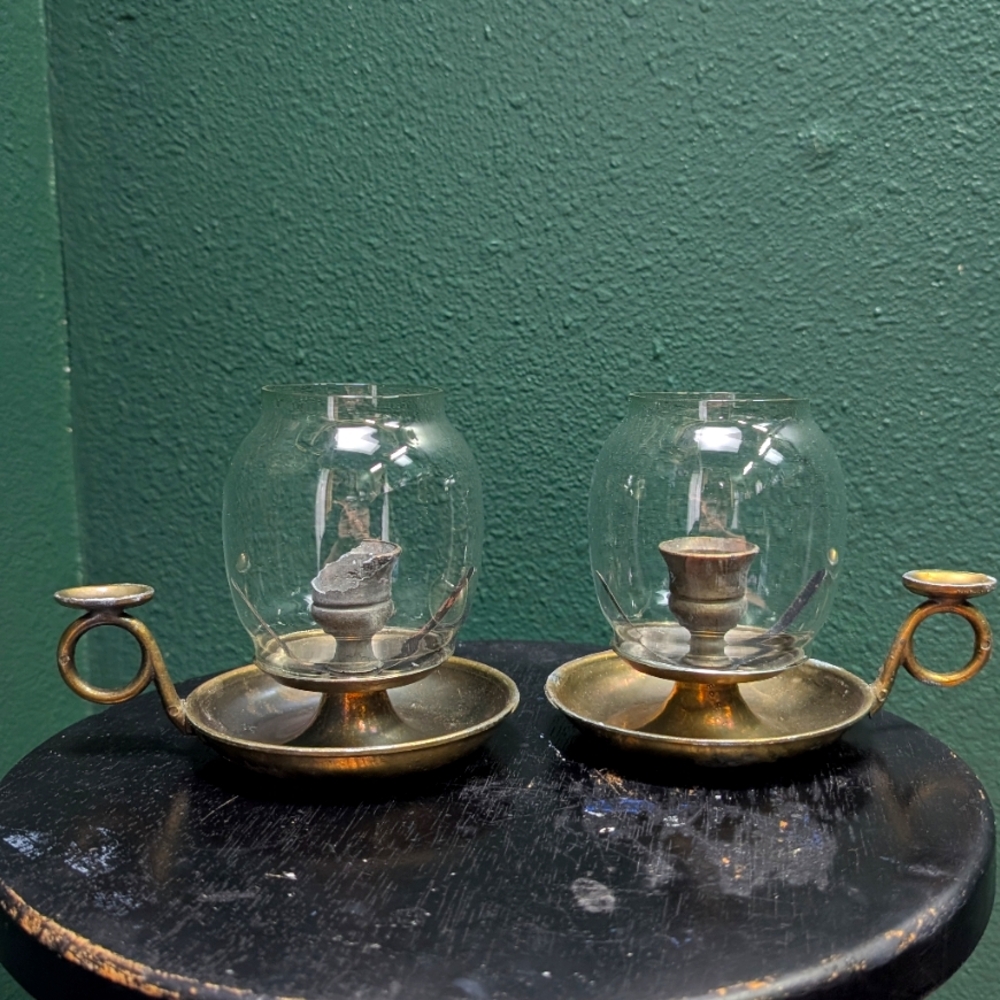 Antique Brass Candle Holders with Glass